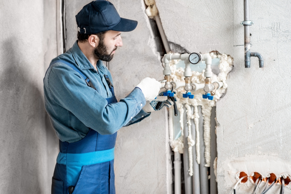 Professional plumber doing hot water system repair