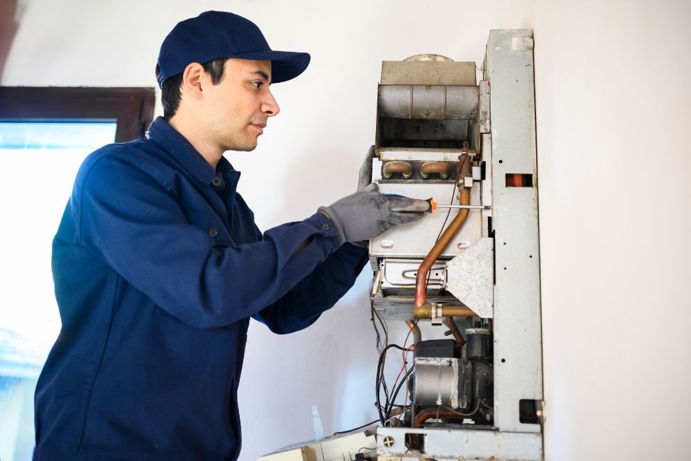 Professional plumber repairing a hot water system